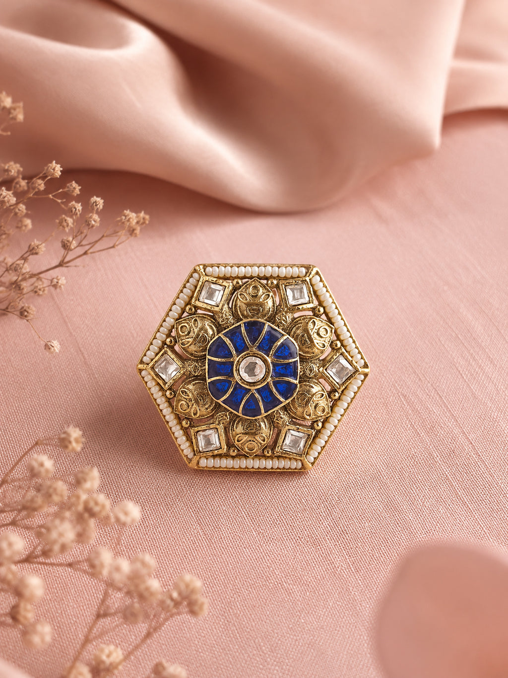 Aanura Gold-Plated Hexagon Green & Ruby Statement Ring