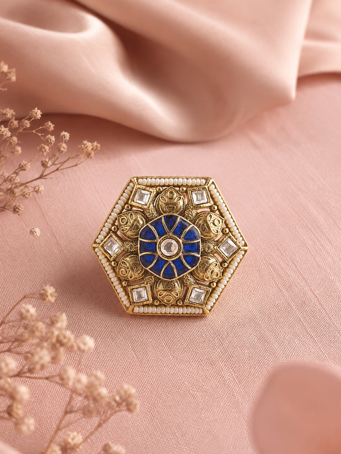 Aanura Gold-Plated Hexagon Green & Ruby Statement Ring