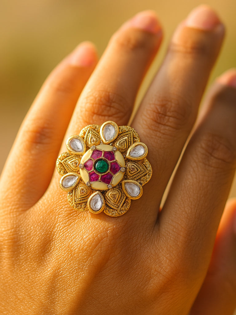 Aanura Gold-Plated Floral Kundan Green Ruby Ring