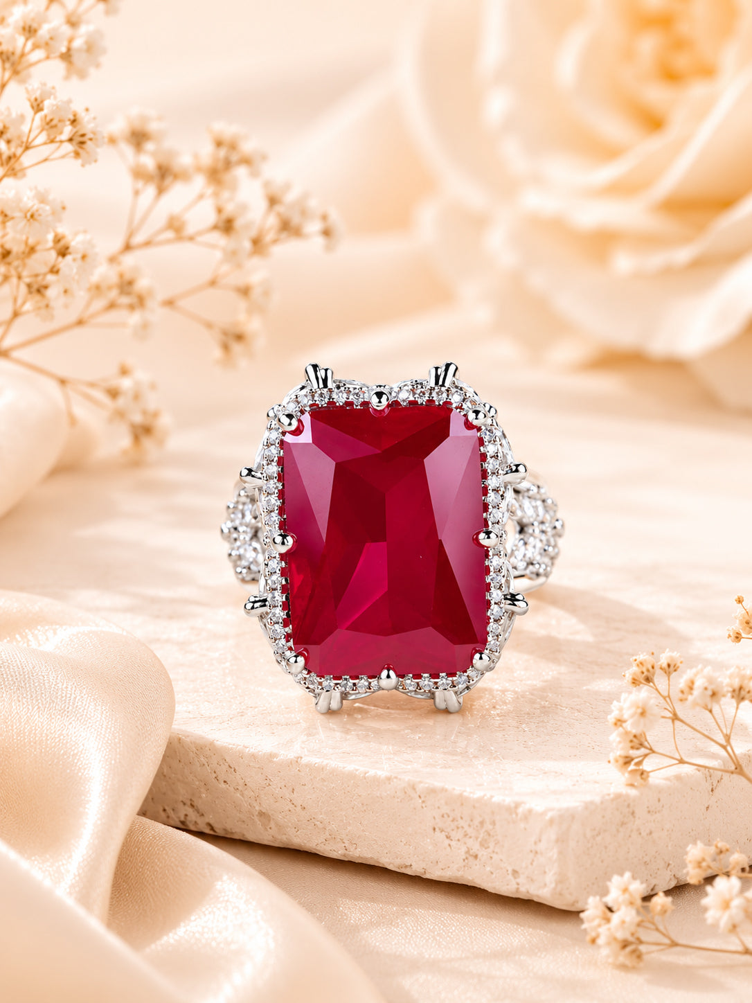 Rhodium Plated Ruby Cocktail Anti-Tarnish Waterproof Ring