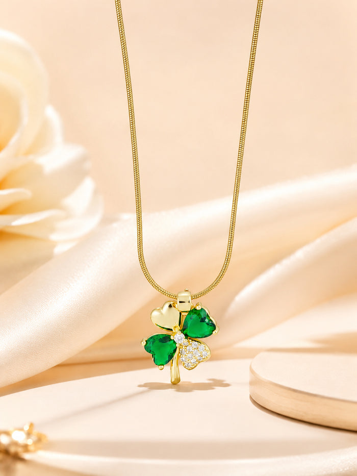 18K Gold Plated Green Crystal Clover Pendant Necklace for Women