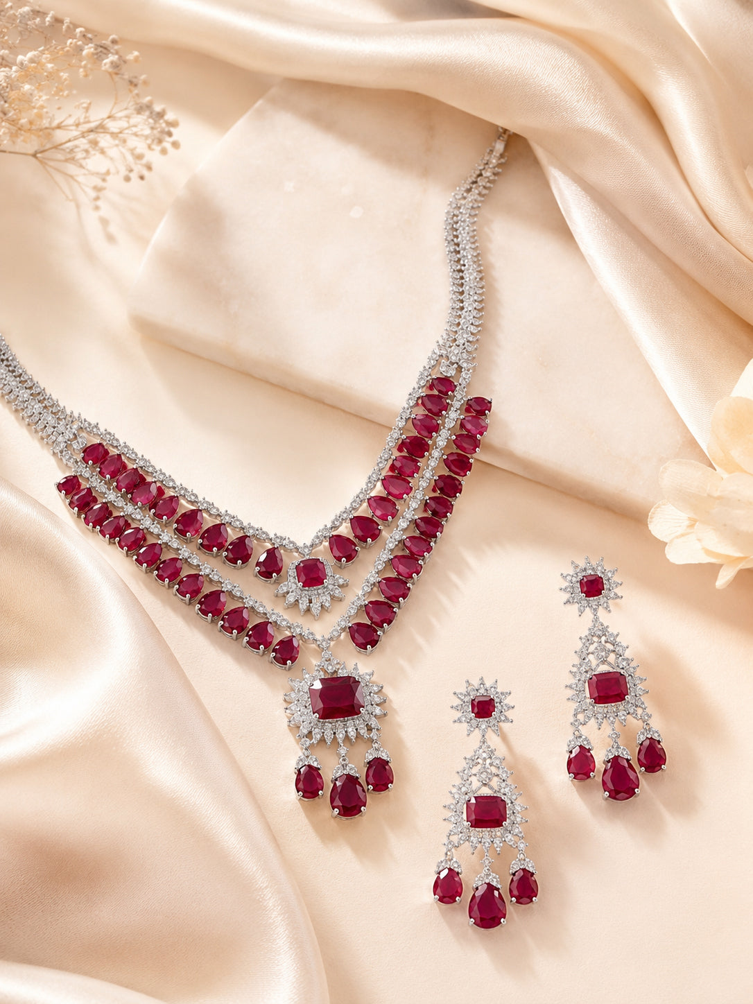Aanura Ruby Red Bridal Necklace Set in Stainless Steel