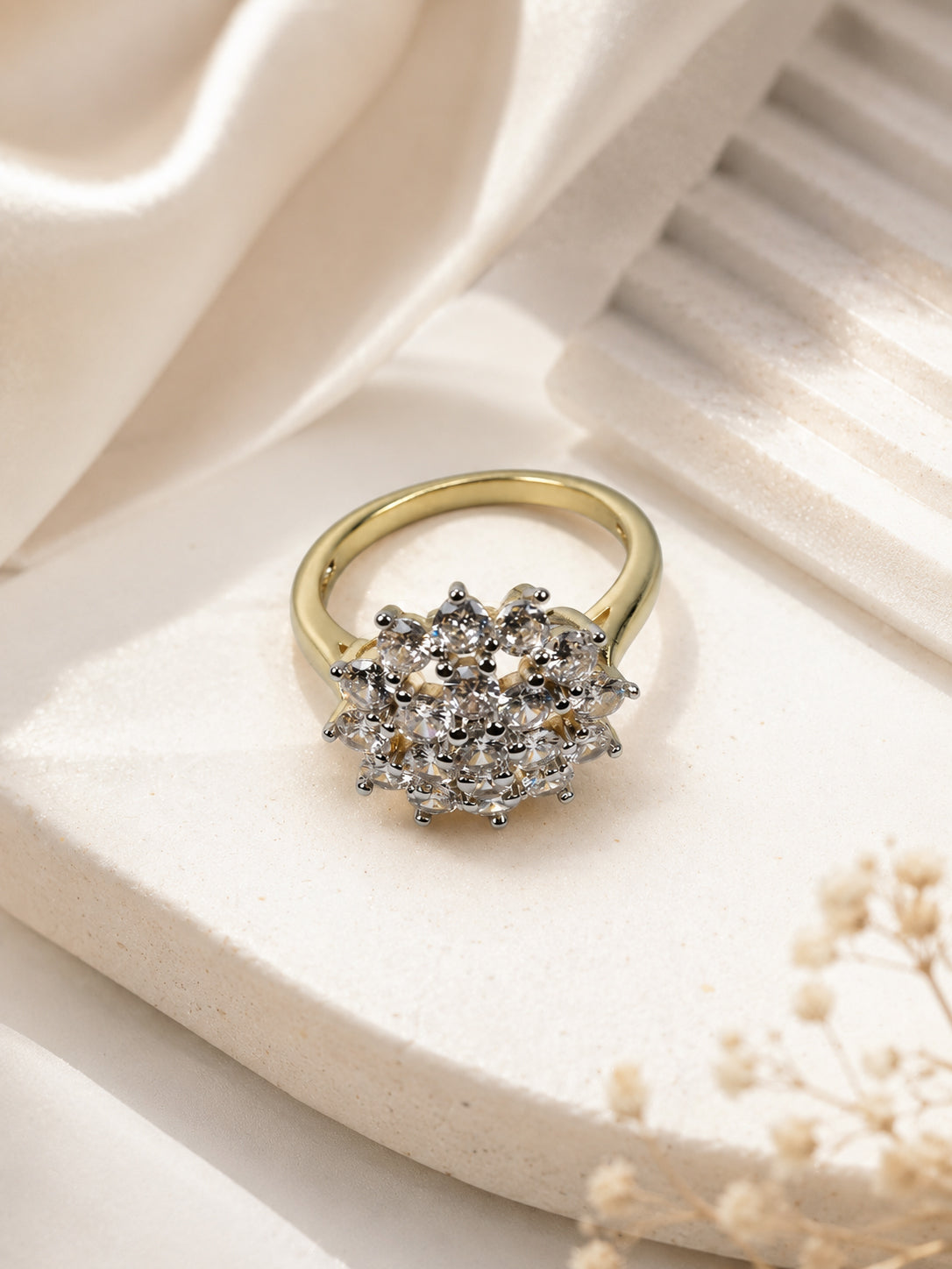 18K Gold-Plated Floral Diamond Cluster Ring – Anti-Tarnish, Waterproof