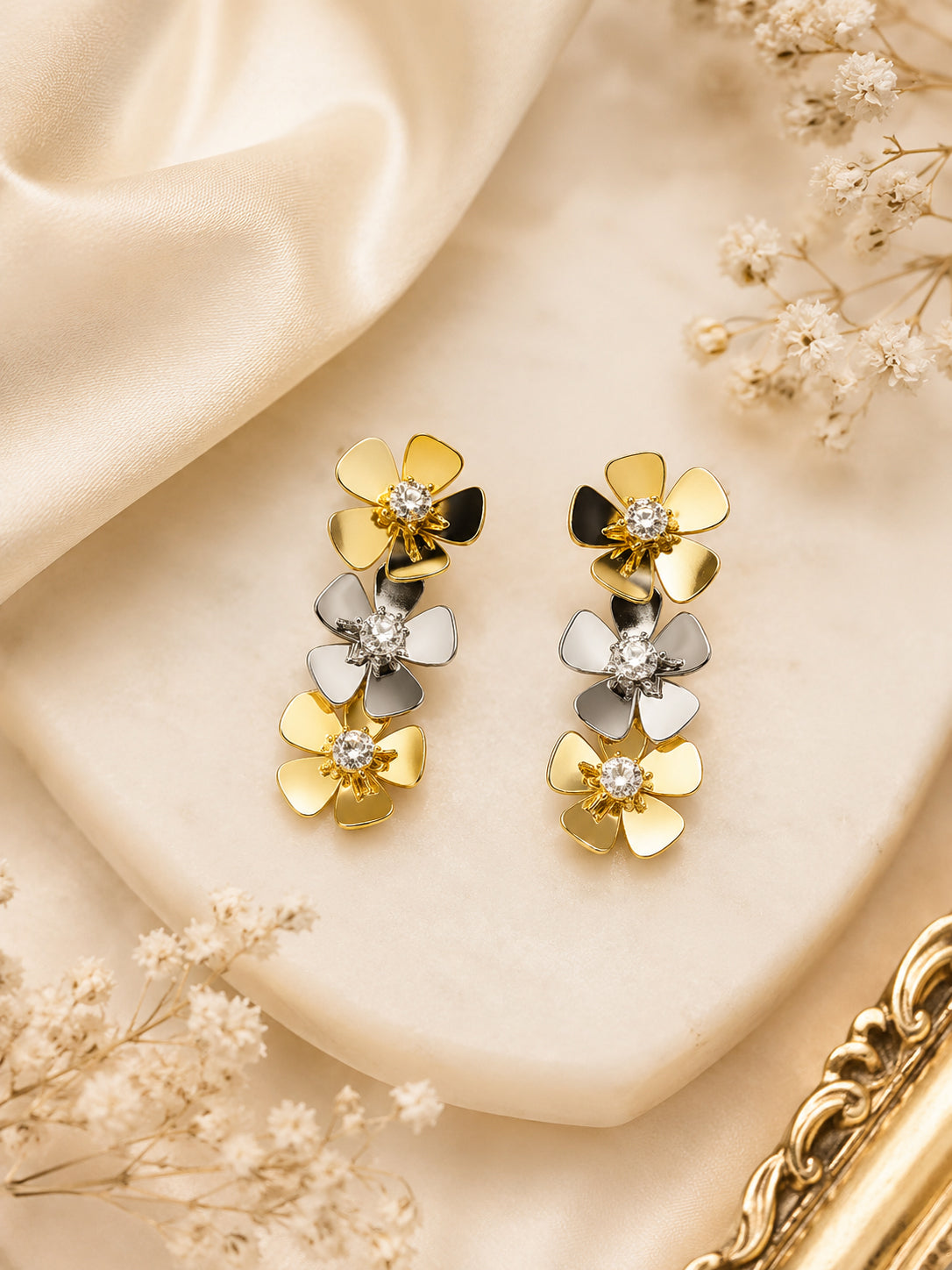 Aanura Dual-Tone Floral Crystal Stud Earrings