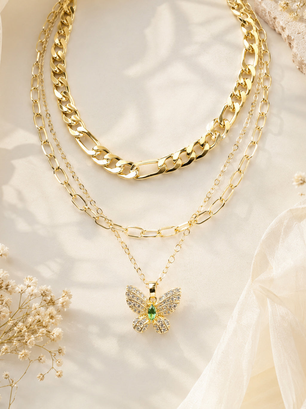 Aanura Gold Layered Butterfly Pendant Necklace