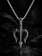 Silver Rhodium-Plated Trident Pendant Waterproof Steel Chain for Men