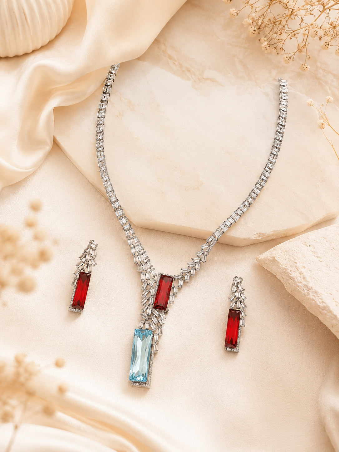 Aanura Red & Blue Stone Necklace Set