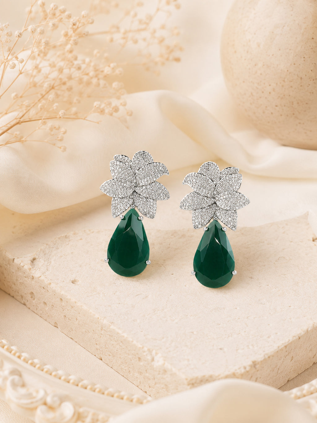 Aanura Green Teardrop Floral Dangle Earrings
