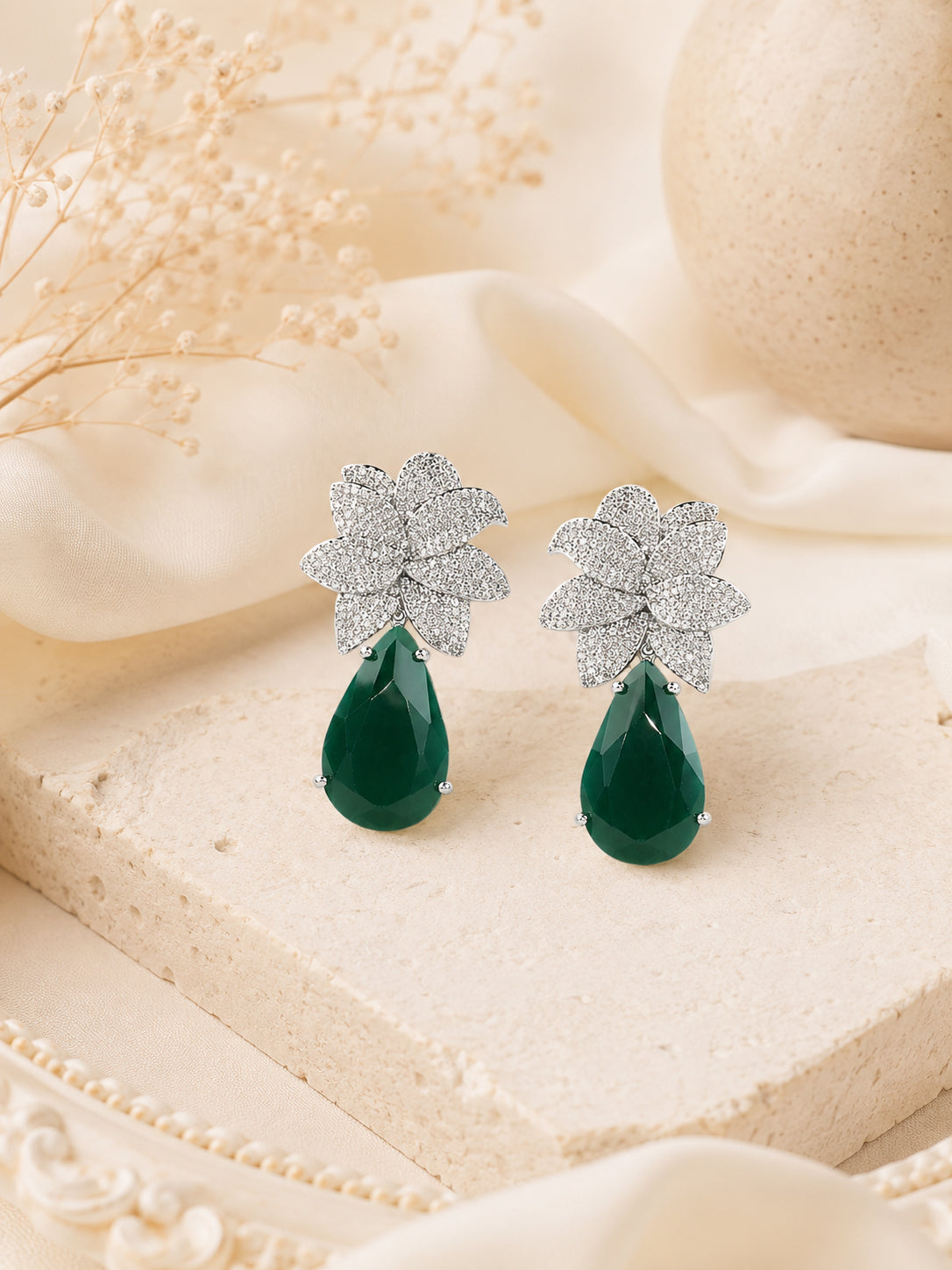 Aanura Green Teardrop Floral Dangle Earrings