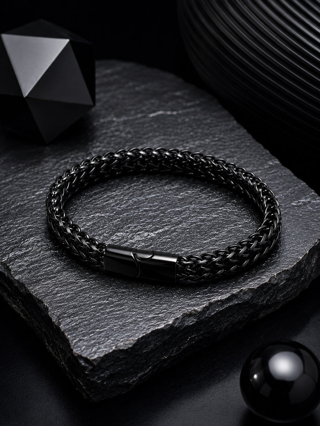 Rhodium Plated Herringbone Chain & Black Woven Bracelet Combo
