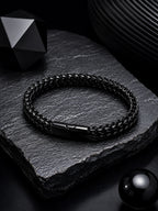 Rhodium Plated Herringbone Chain & Black Woven Bracelet Combo