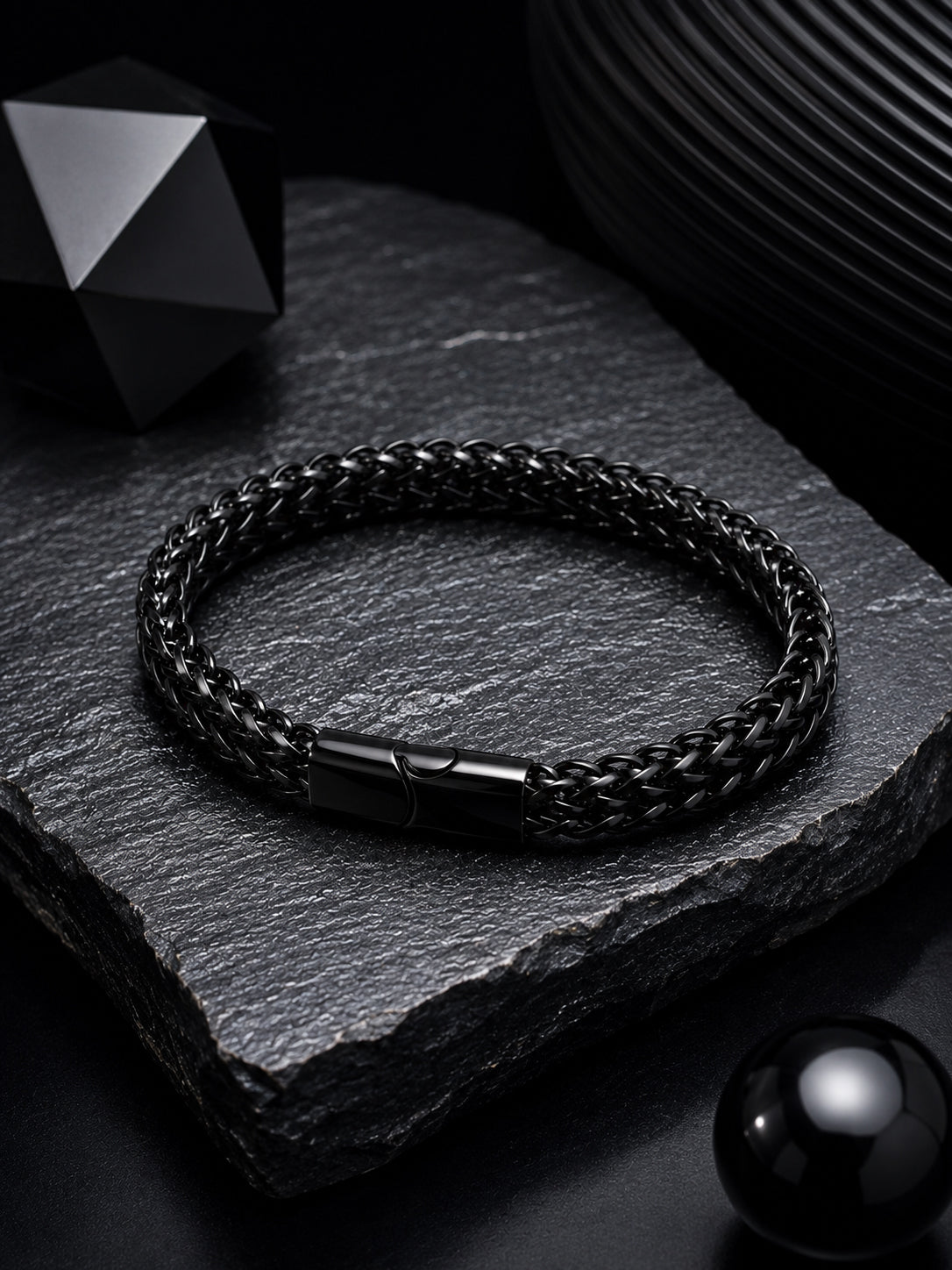 Rhodium Plated Herringbone Chain & Black Woven Bracelet Combo