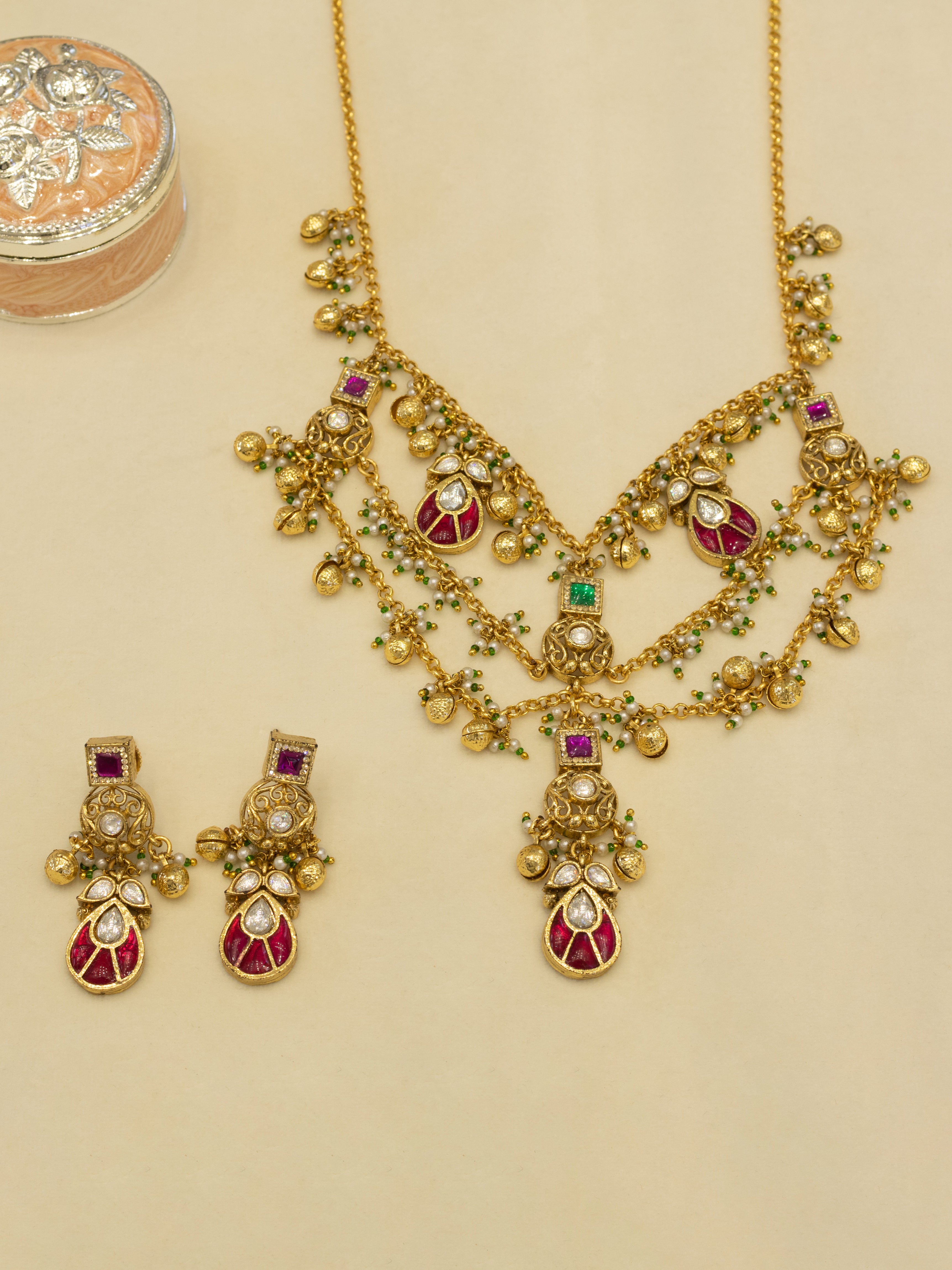 Aanura Layered Antique Necklace with Ruby Drops