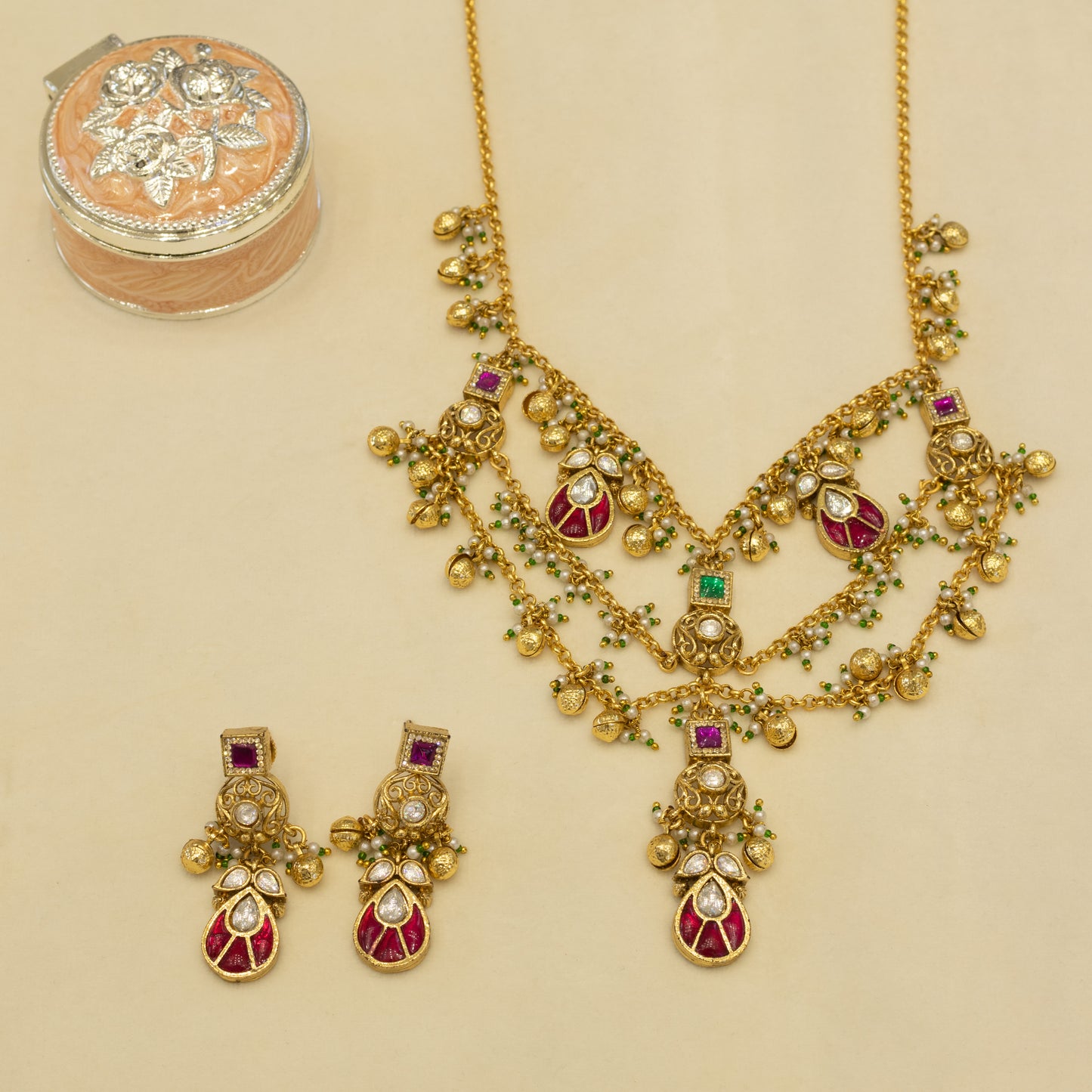 Aanura Layered Antique Necklace with Ruby Drops