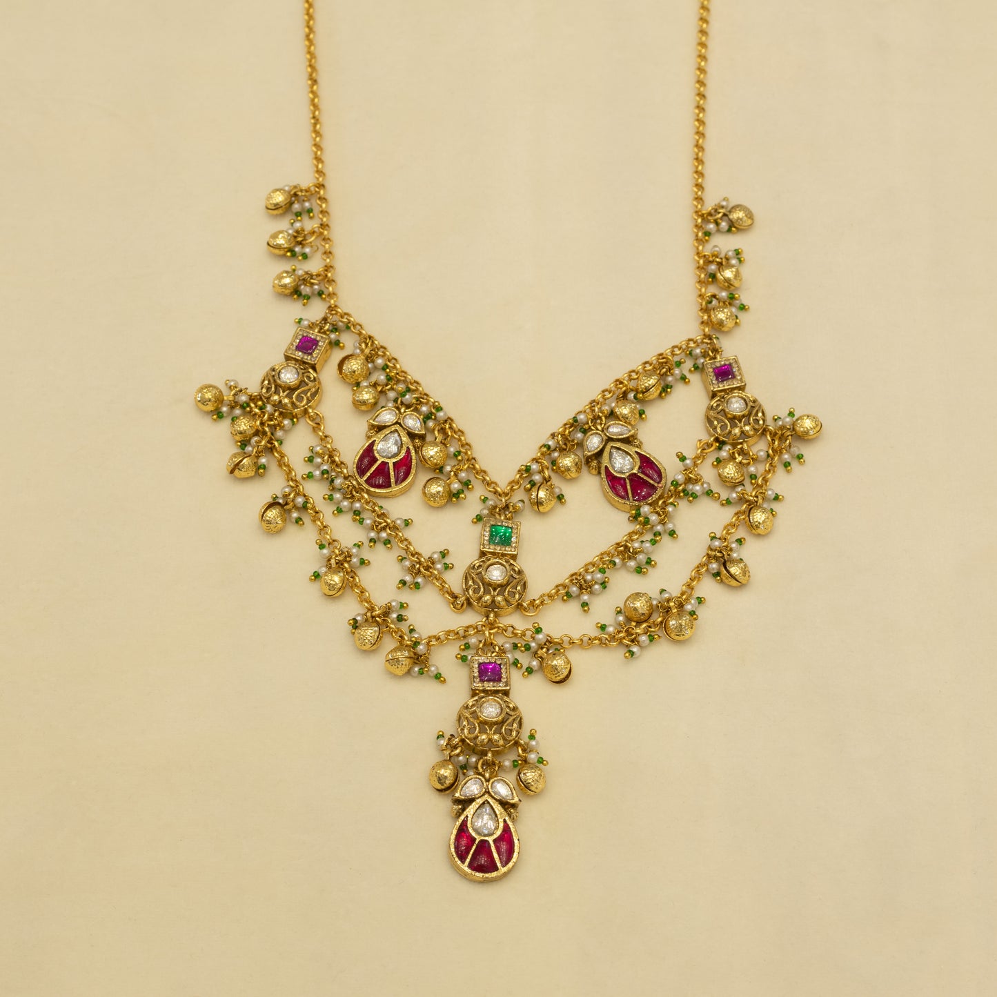 Aanura Layered Antique Necklace with Ruby Drops