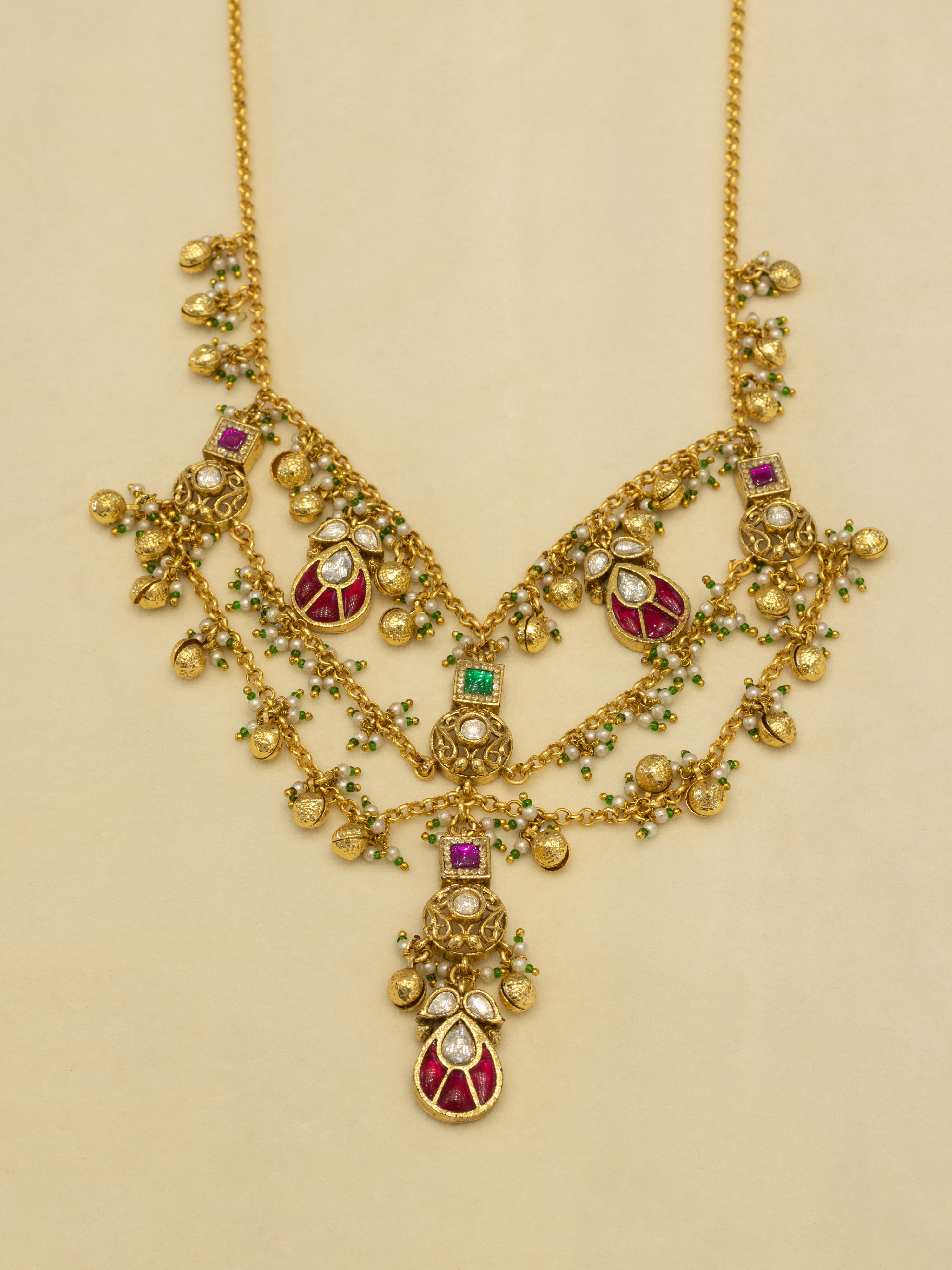 Aanura Layered Antique Necklace with Ruby Drops