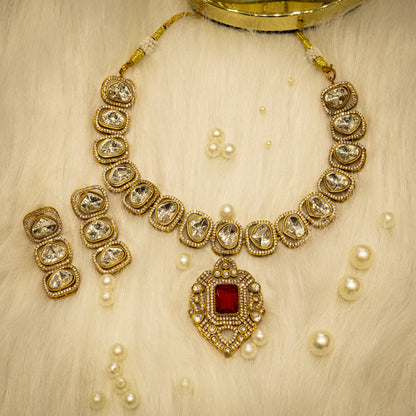 Aanura Kundan Necklace with Pink Stone Heritage Pendant