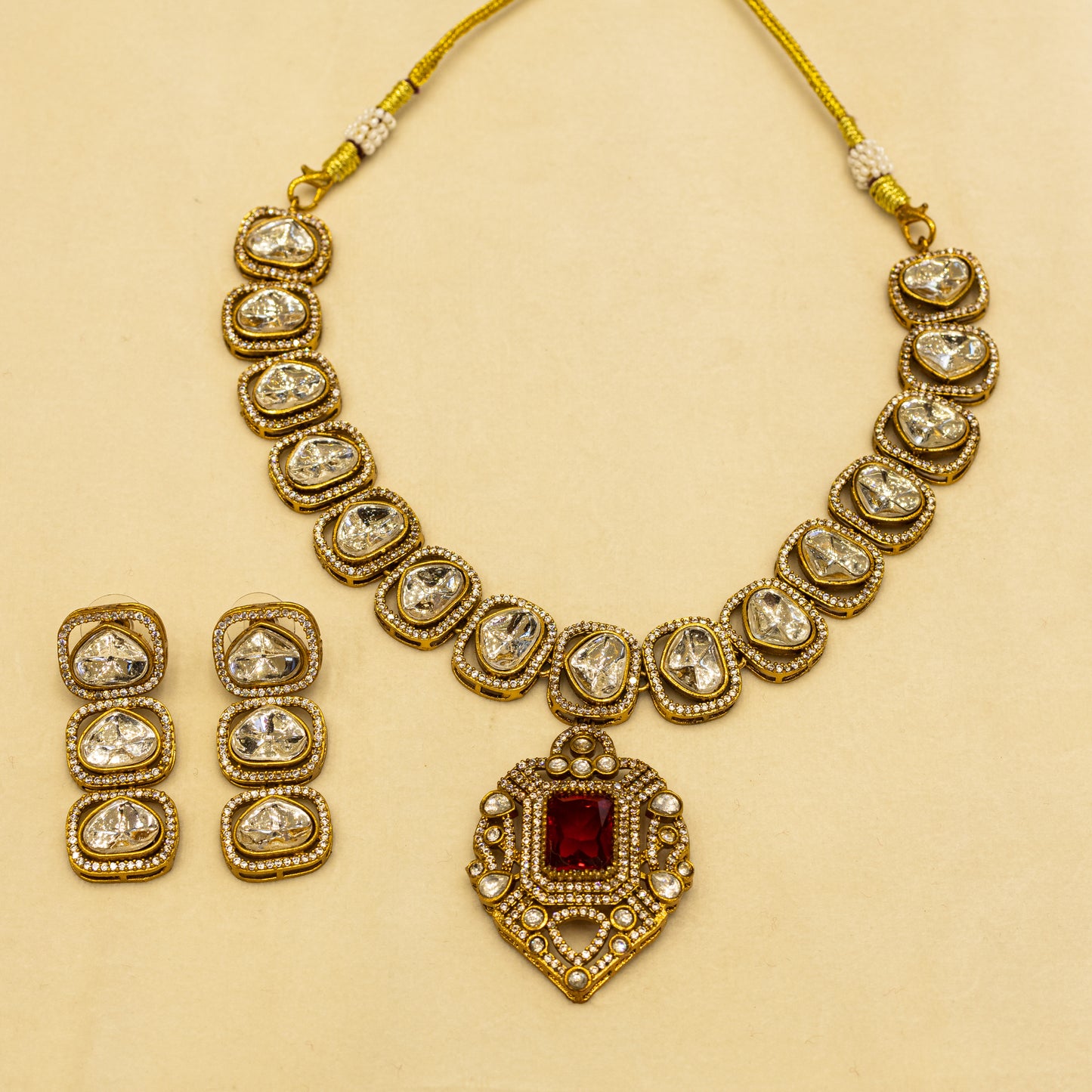 Aanura Kundan Necklace with Pink Stone Heritage Pendant