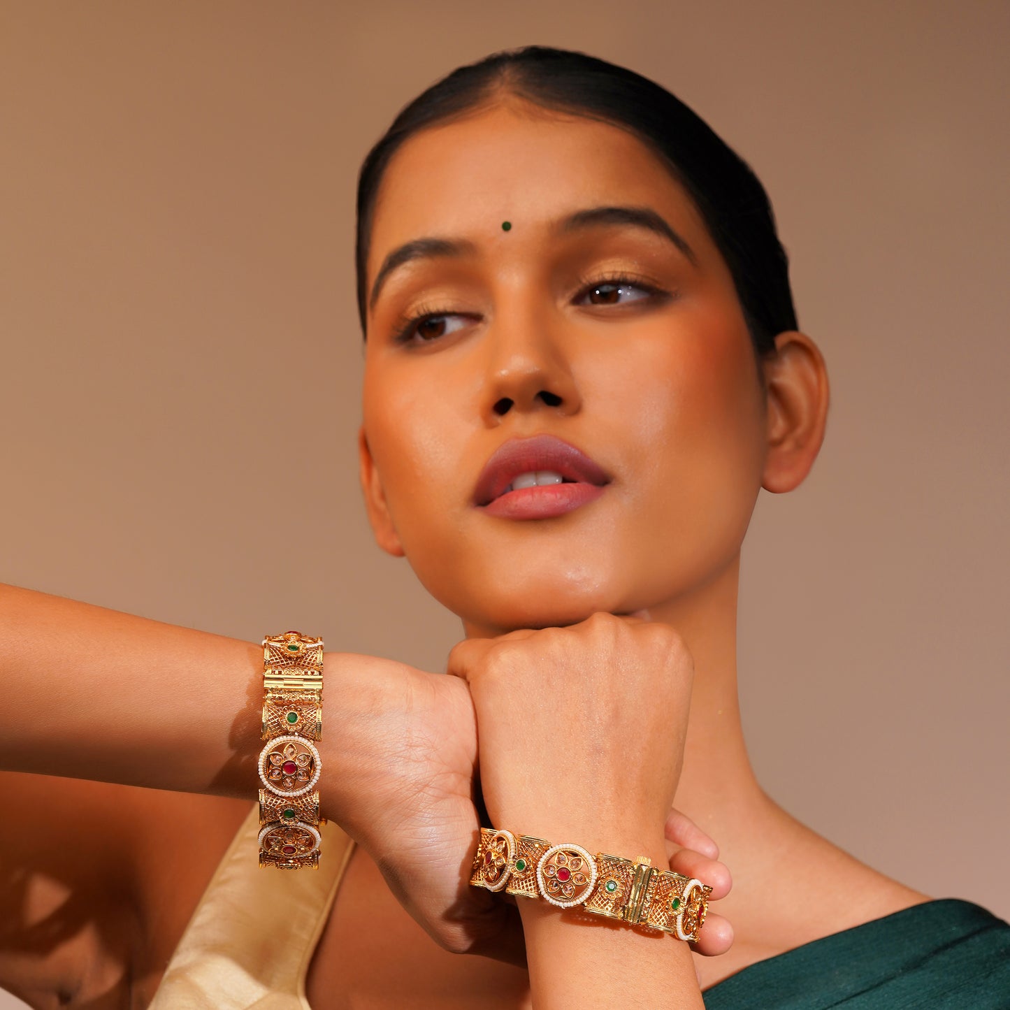 Aanura Gold Plated Heritage Stone Bangle Bracelet