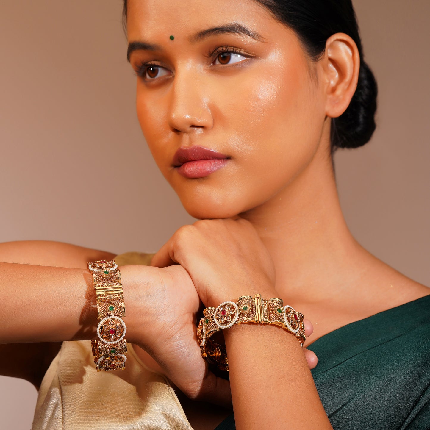 Aanura Gold Plated Heritage Stone Bangle Bracelet