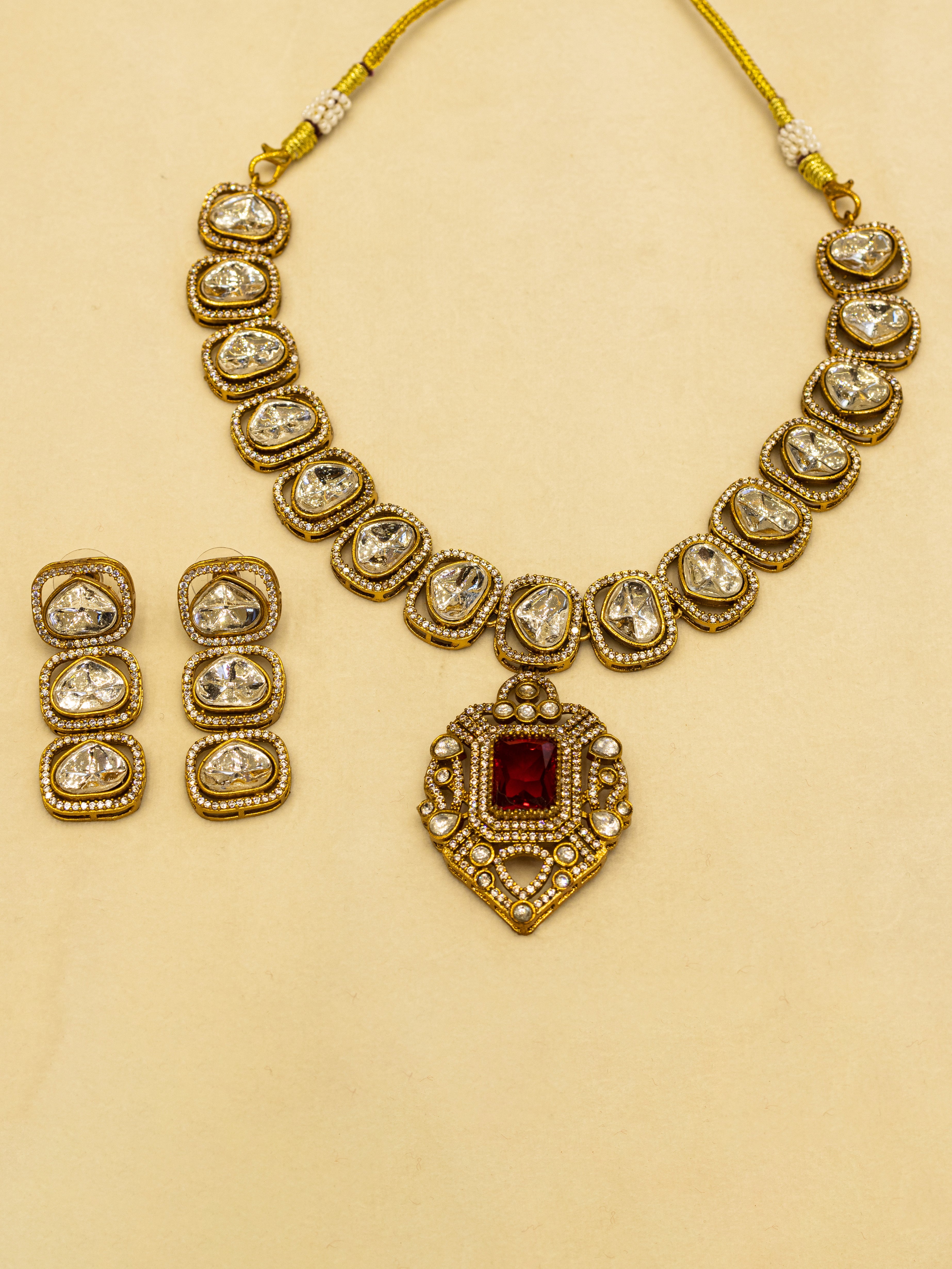 Aanura Kundan Necklace with Pink Stone Heritage Pendant