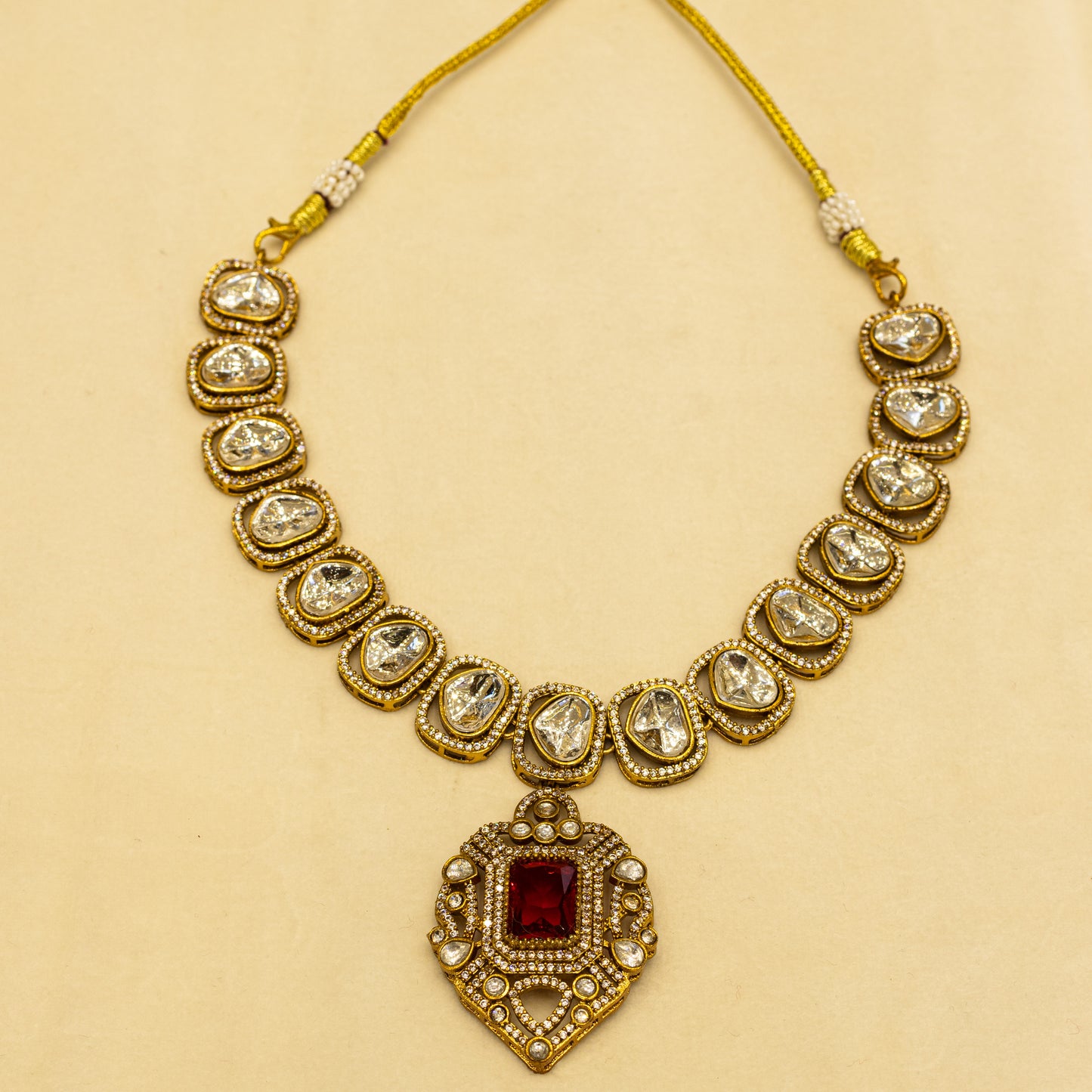 Aanura Kundan Necklace with Pink Stone Heritage Pendant