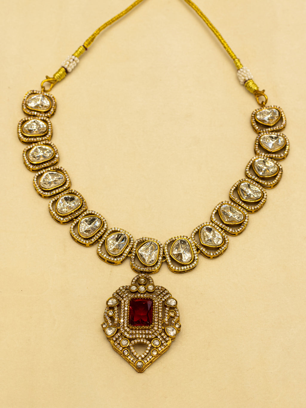 Aanura Kundan Necklace with Pink Stone Heritage Pendant
