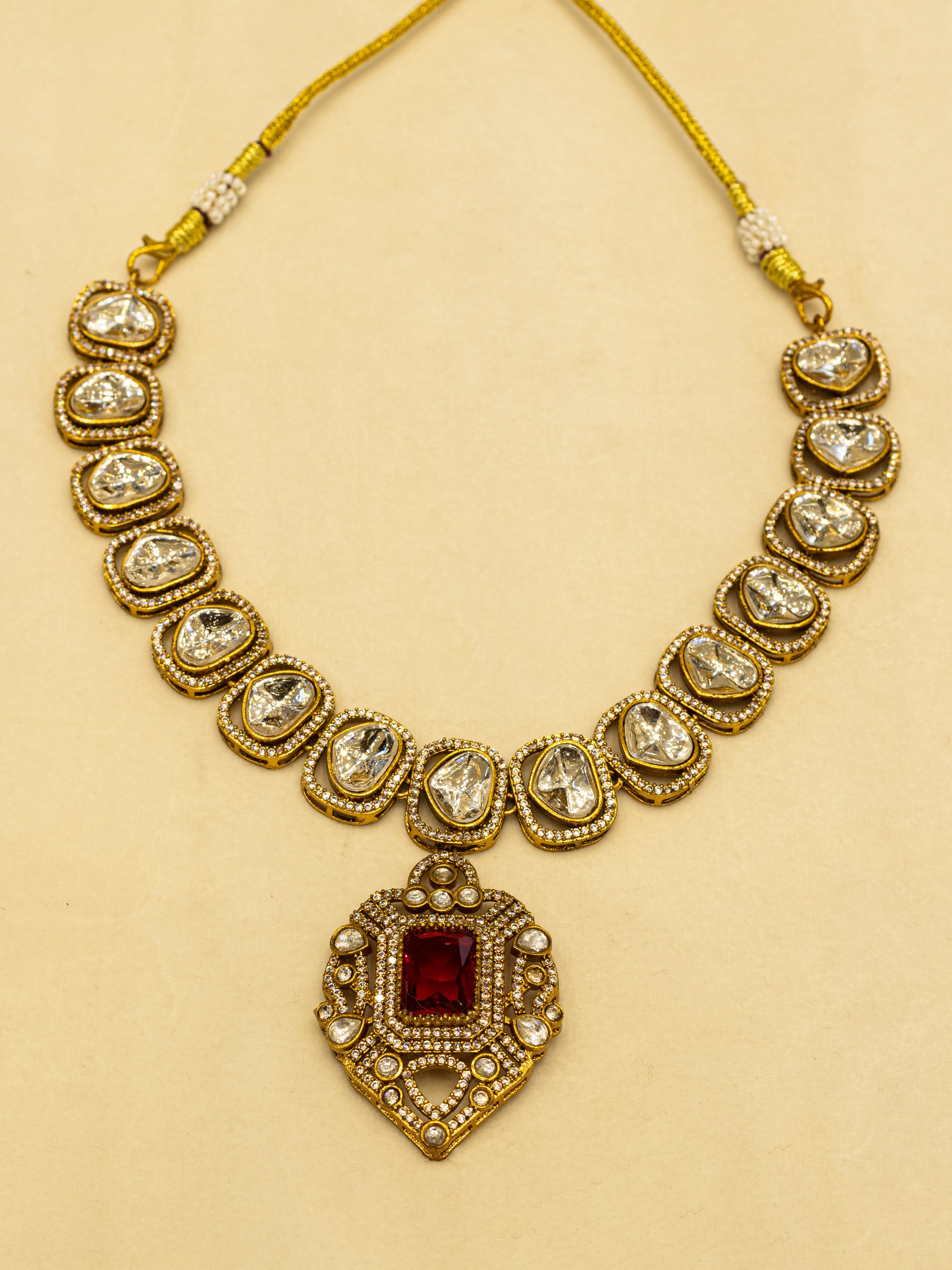 Aanura Kundan Necklace with Pink Stone Heritage Pendant