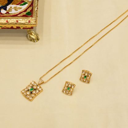 Aanura Minimal Kundan Pendant Necklace with Earrings