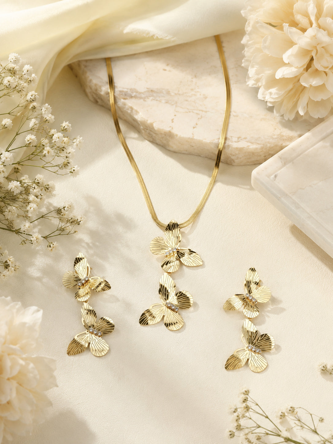 Golden Triple Orchid Necklace & Earrings Set