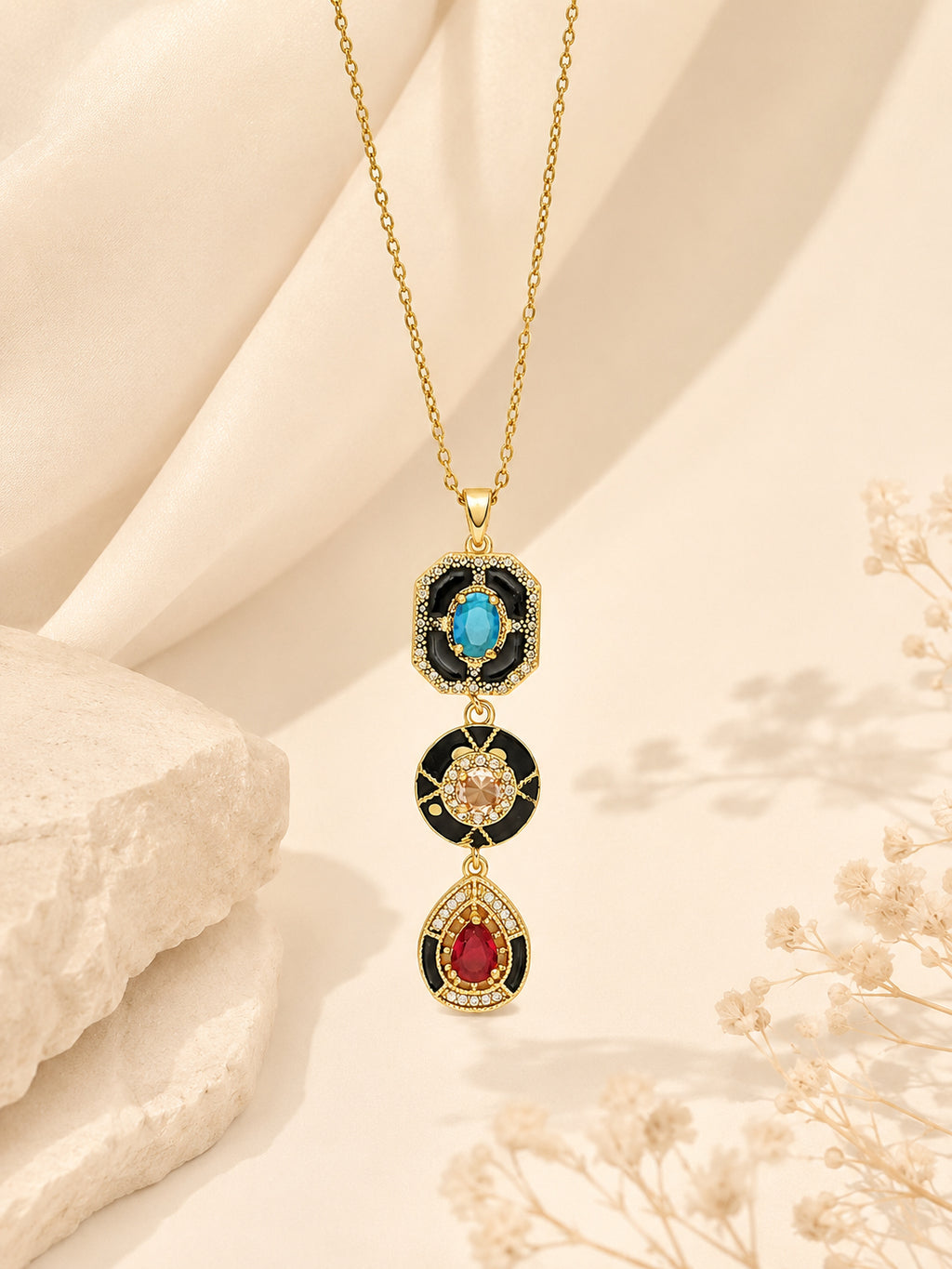 18K Gold Plated Black Accent Tri-Stone Drop Necklace