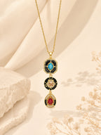 18K Gold Plated Black Accent Tri-Stone Drop Necklace