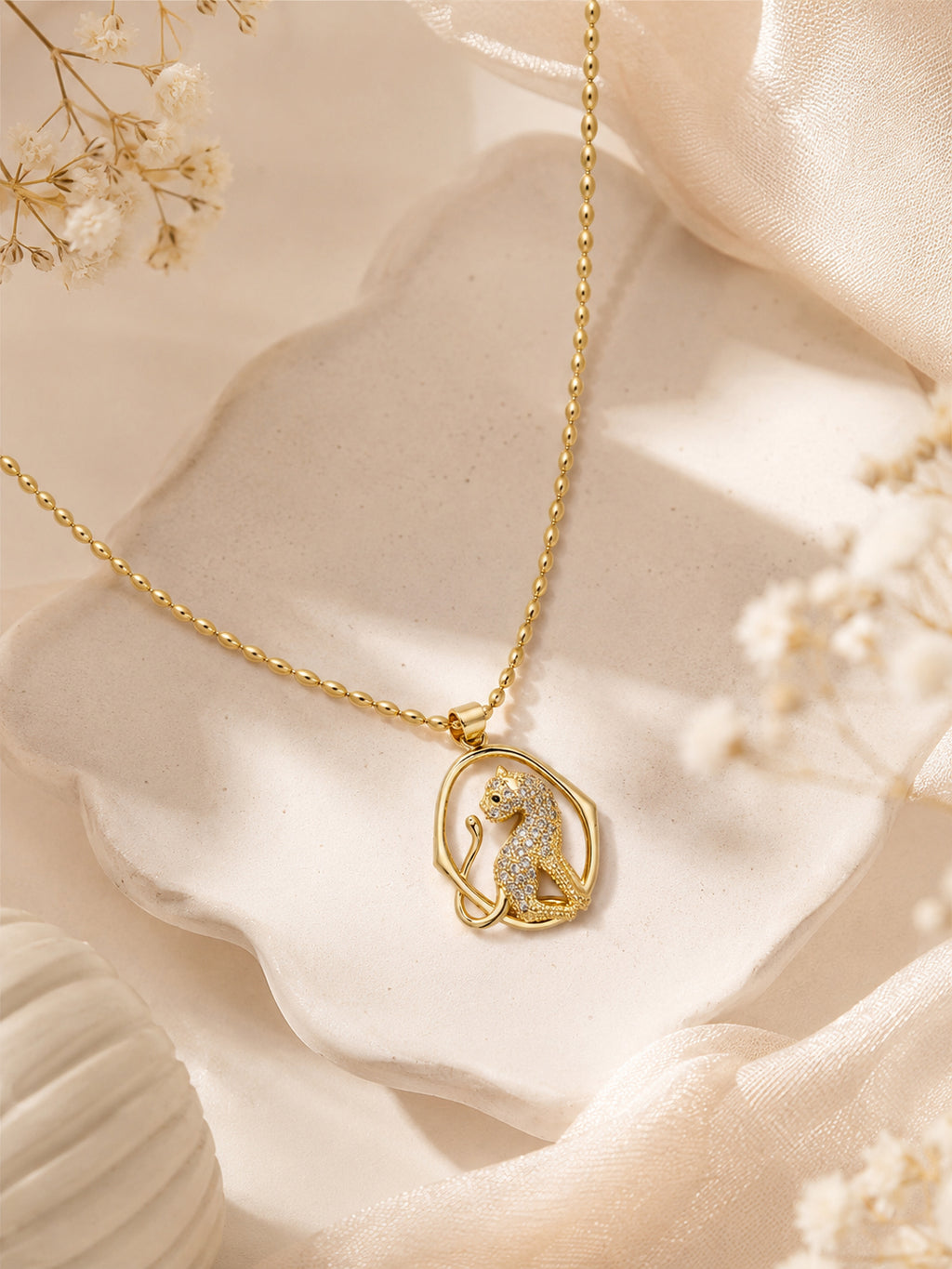Crystal Cat Charm Necklace with 18K Gold Plating