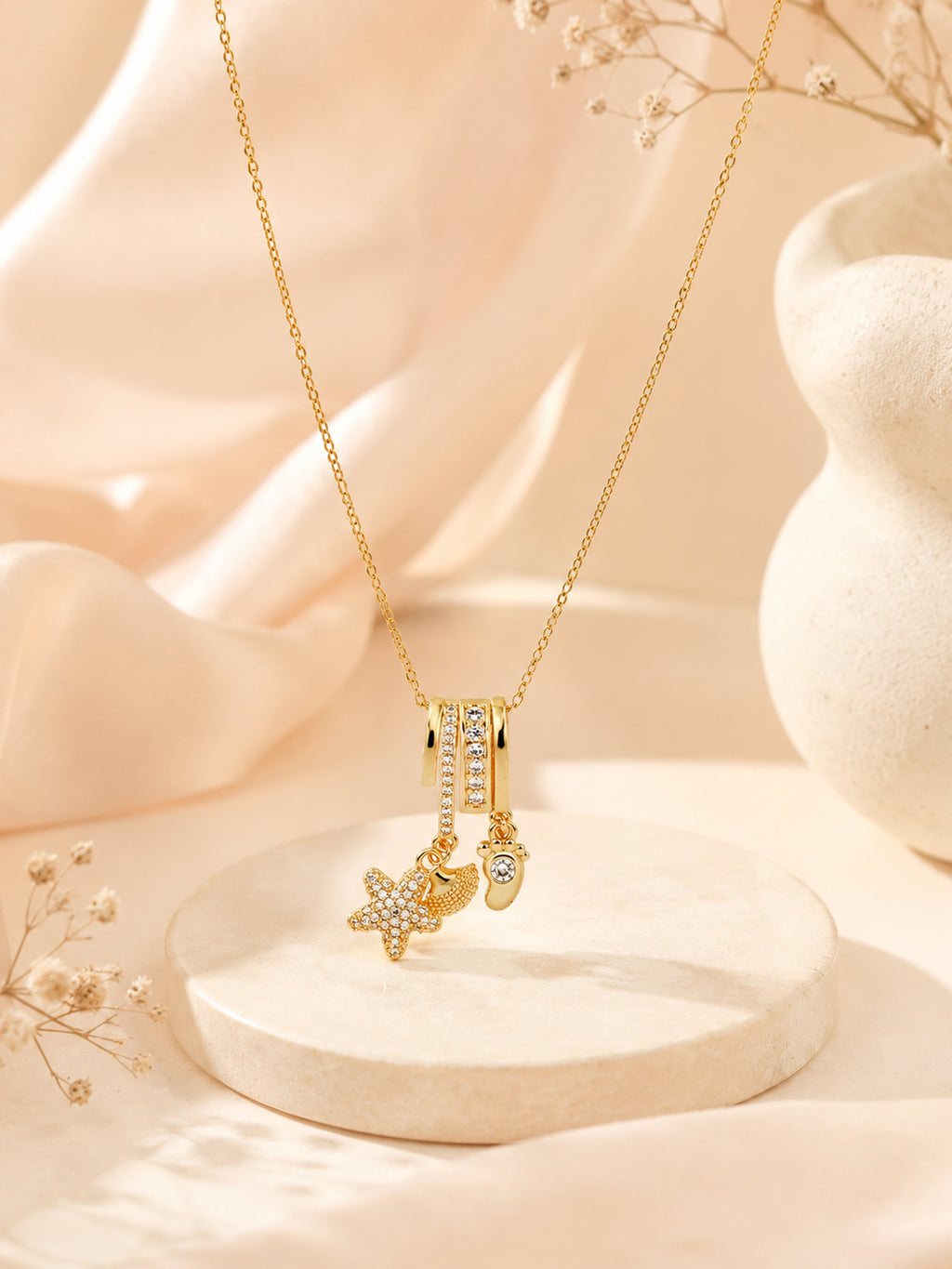 18K Gold Plated Starfish & Shell Charm Necklace