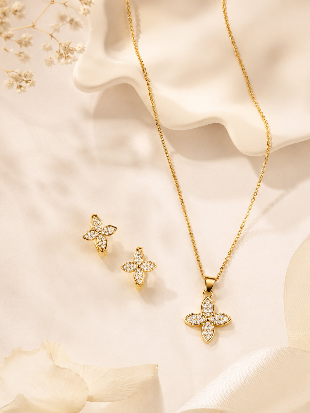 Aanura Diamond Flower Necklace & Earrings Set