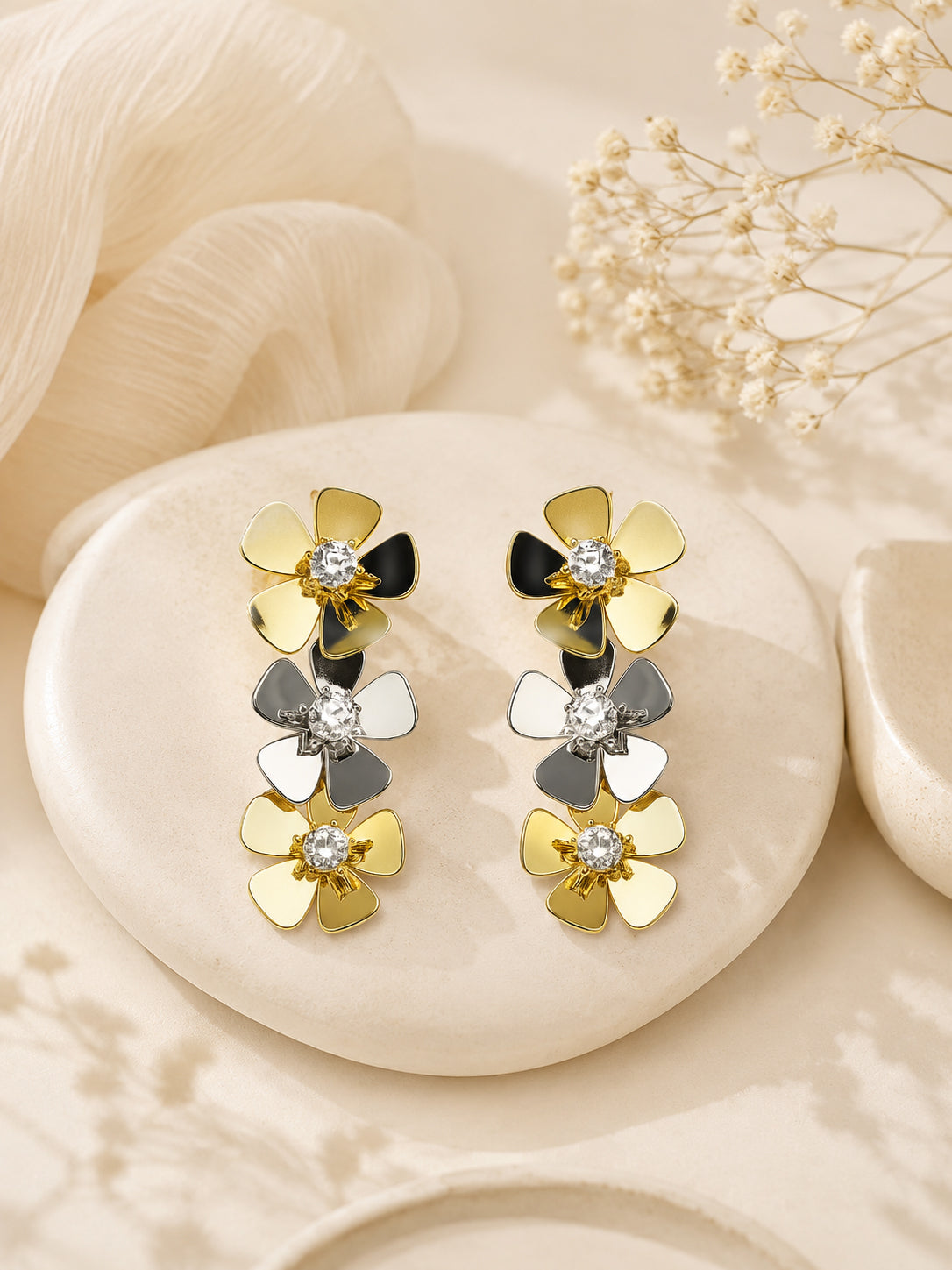 Aanura Dual-Tone Floral Crystal Stud Earrings