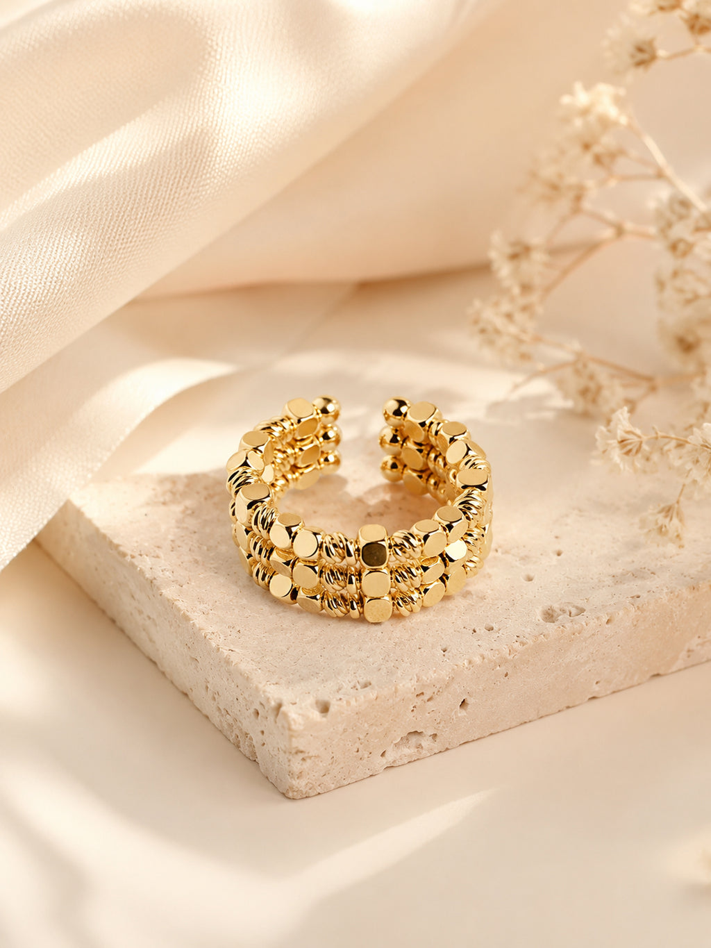 18K Gold Plated Layered Bead Open Band Ring