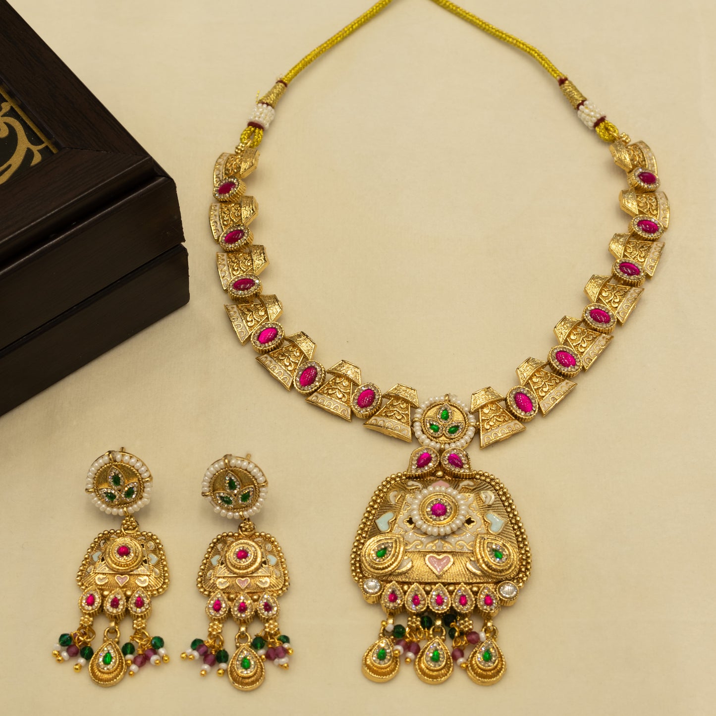 Aanura Royal Kundan Temple Pendant Choker Necklace Set