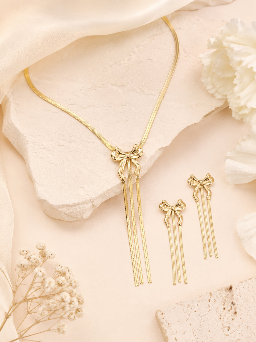 Aanura Golden Ribbon Bow Necklace & Earrings Set