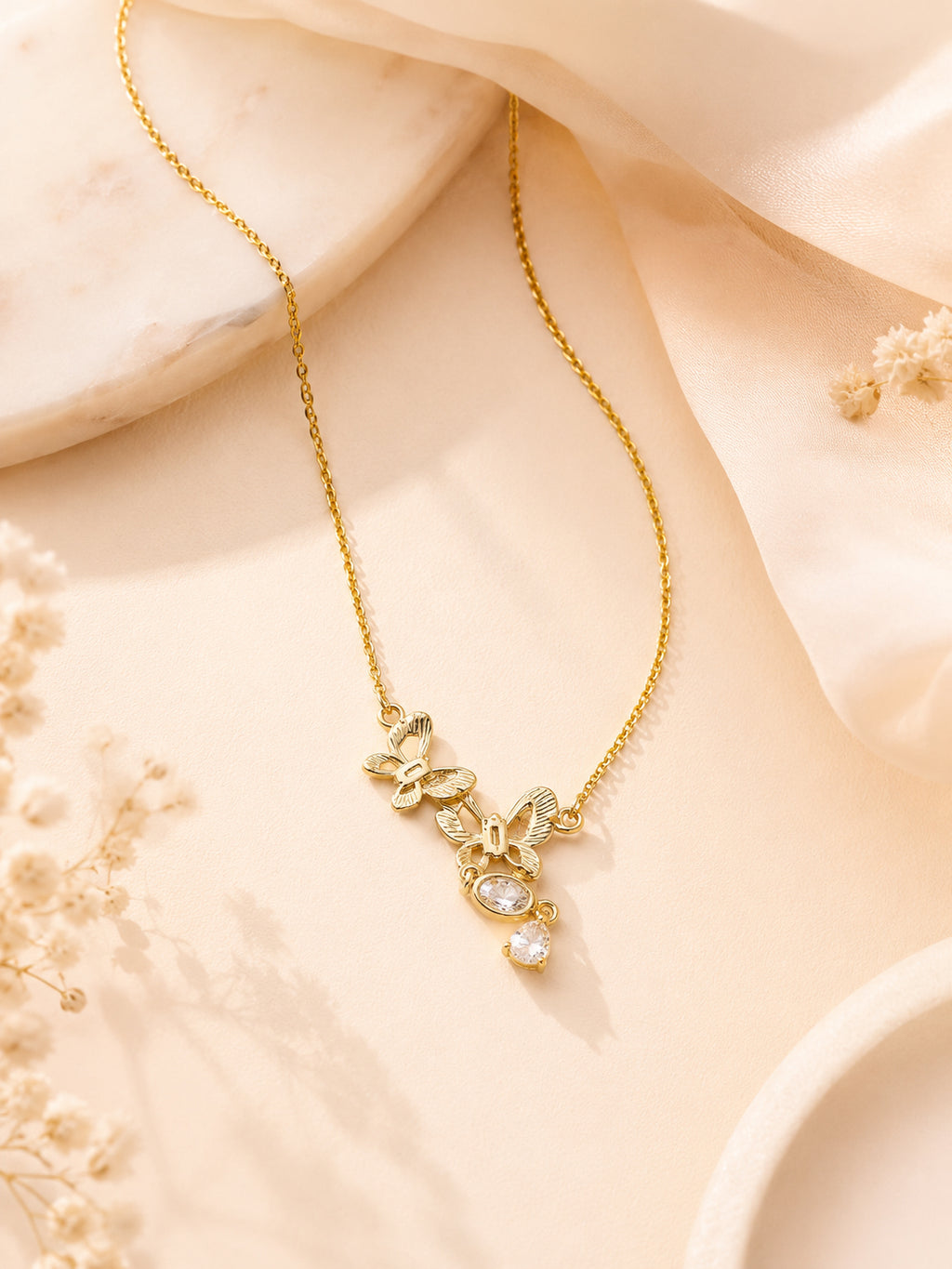 18K Gold Plated Butterfly Trio Crystal Drop Necklace