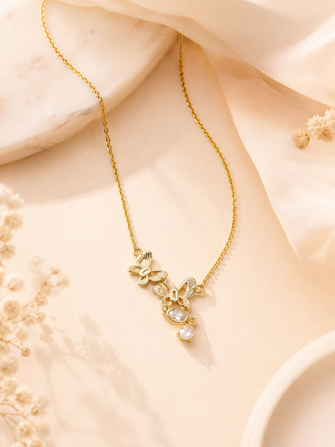 18K Gold Plated Butterfly Trio Crystal Drop Necklace