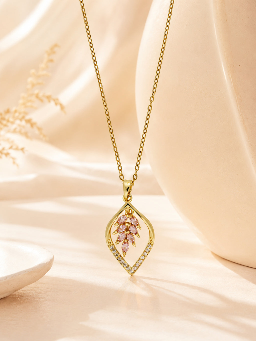 Pink Leaf Crystal Necklace in 18K Gold Plating