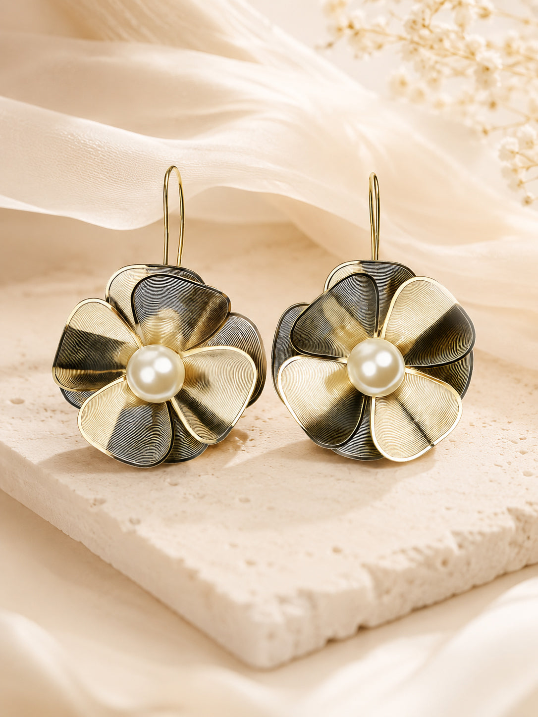 Aanura Floral Pearl Gold Statement Earrings