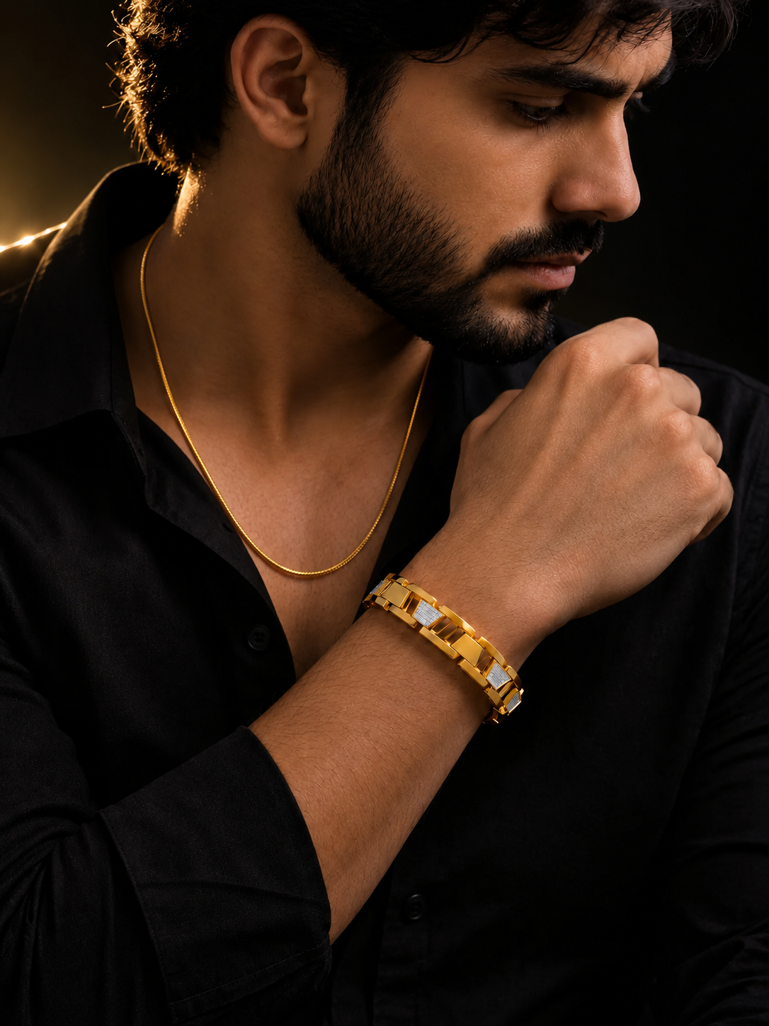 Gold Flat Link Chain & Dual-Tone Bracelet Combo for Men