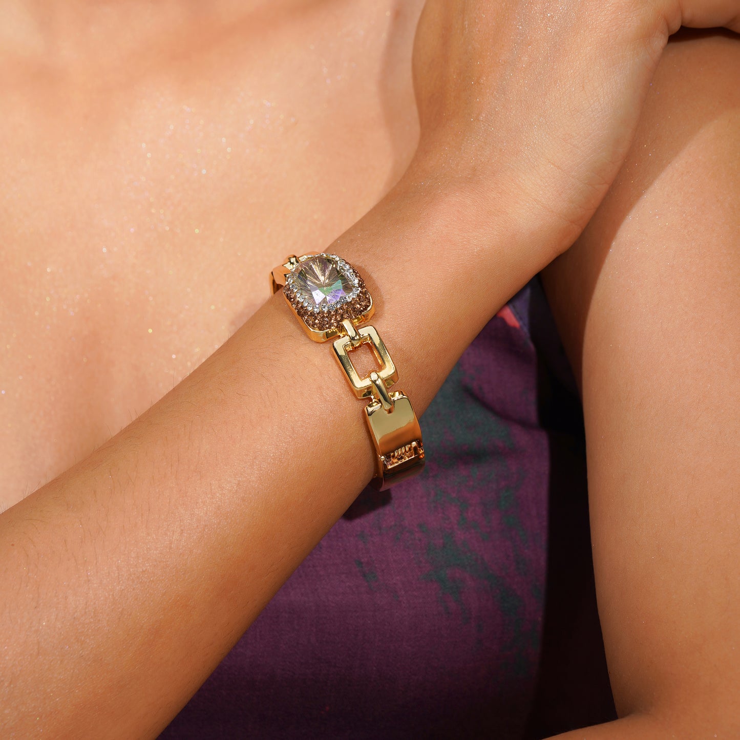 Aanura Gold Stainless Steel Crystal Bangle Bracelet