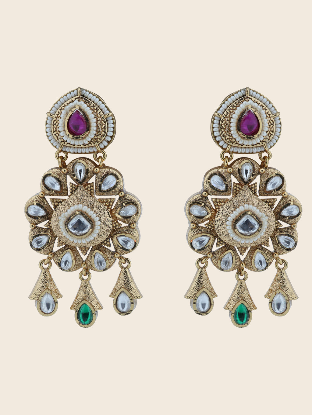 Aanura Gold Kundan Earrings with Red & Green Stones