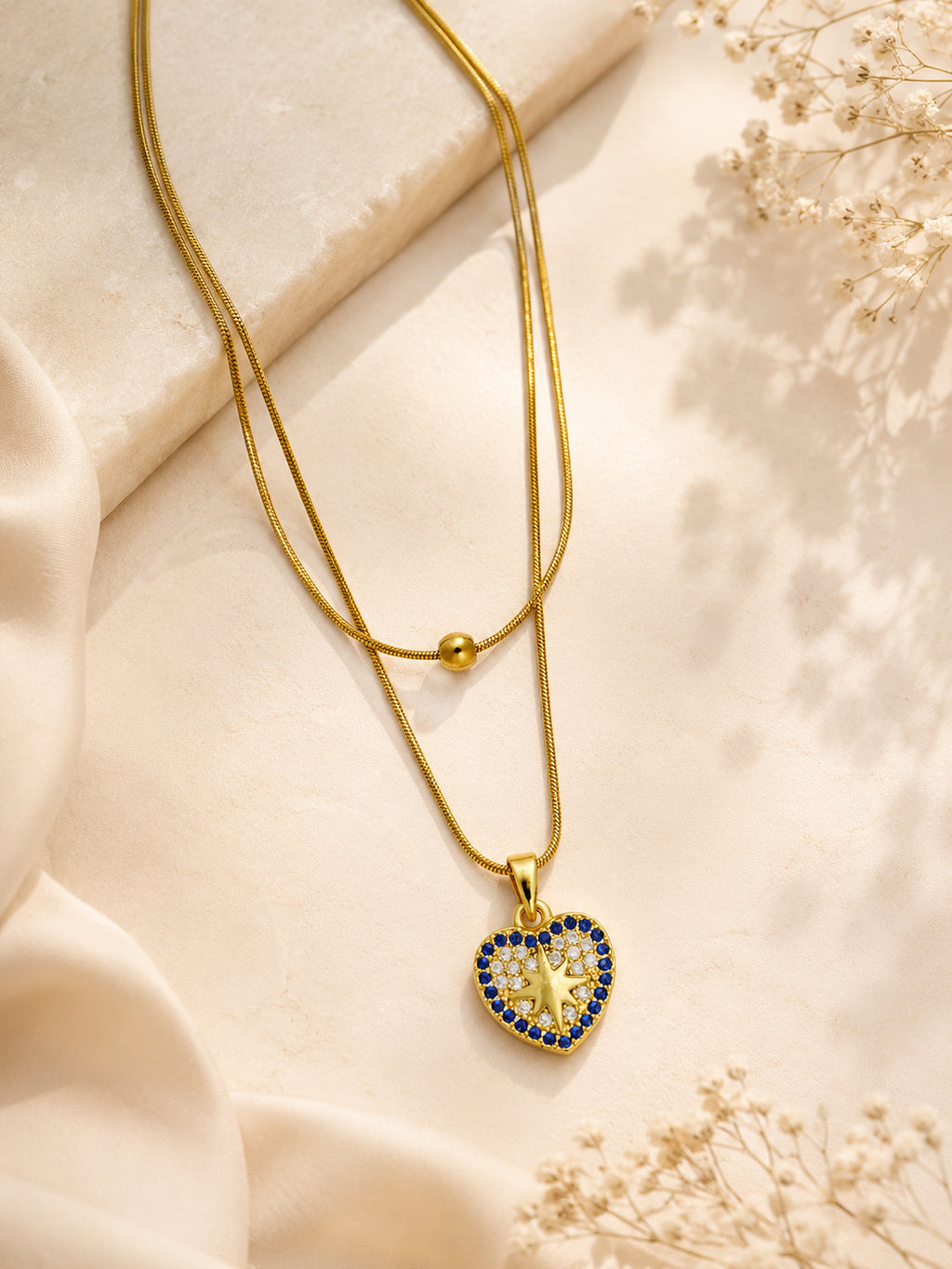 Blue Stone Heart Layered Necklace in 18K Gold Plating