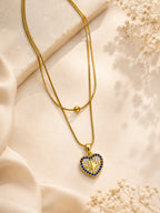 Blue Stone Heart Layered Necklace in 18K Gold Plating