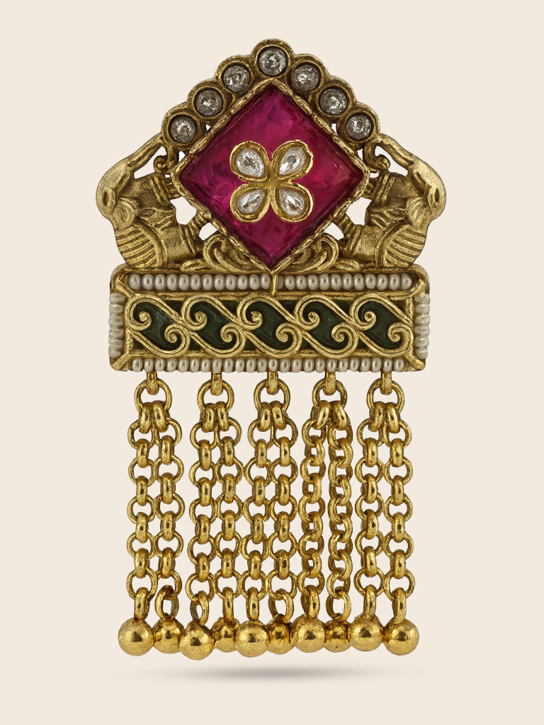 Aanura Gold-Plated Green Kundan Tassel Ring