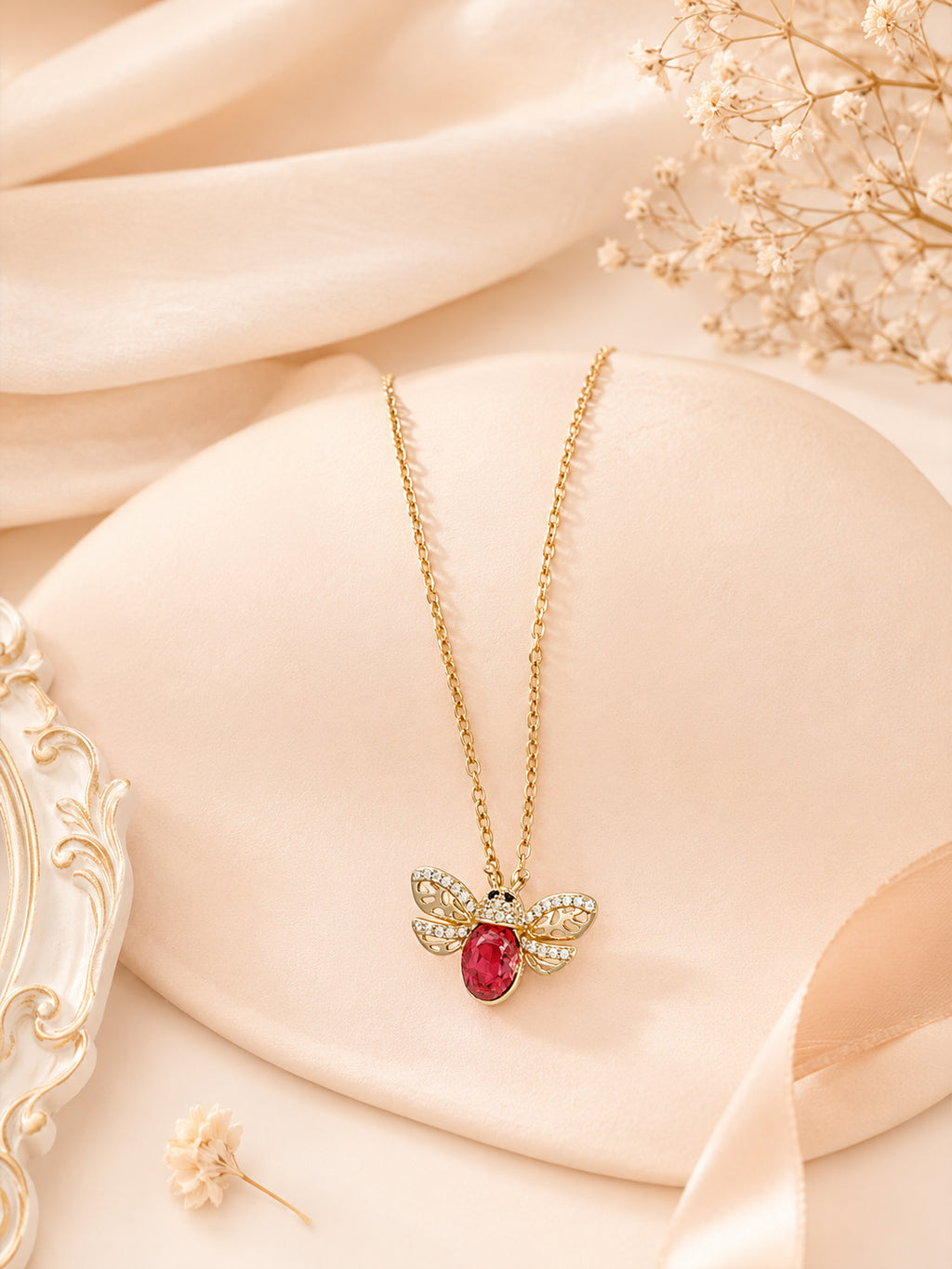 Red Stone Wing Charm Necklace with 18K Gold Plating